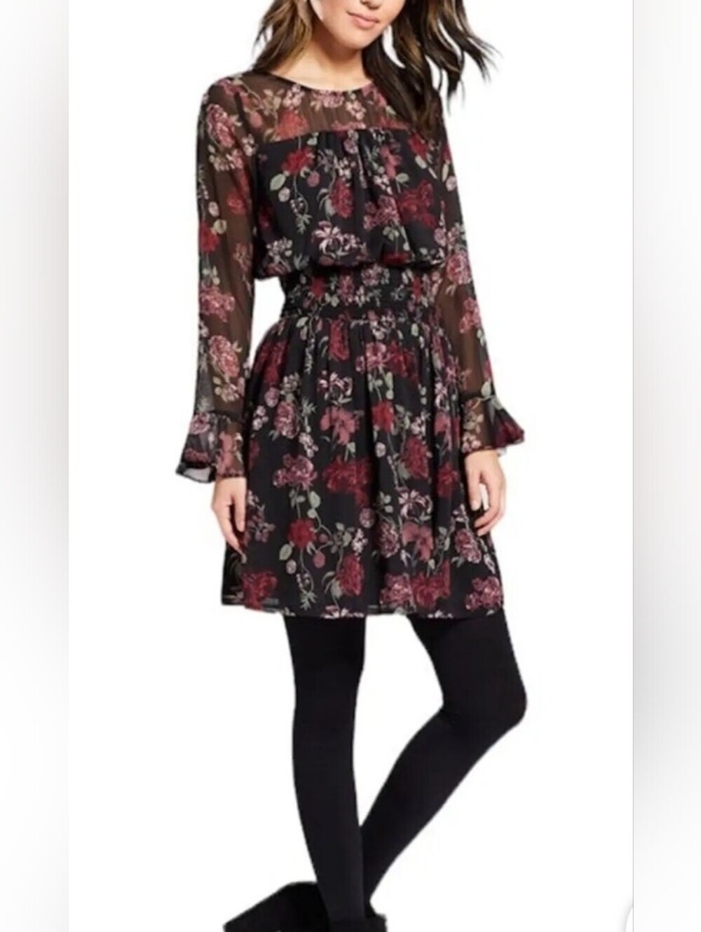 Floral Smocked Waist Long Sleeve Dress